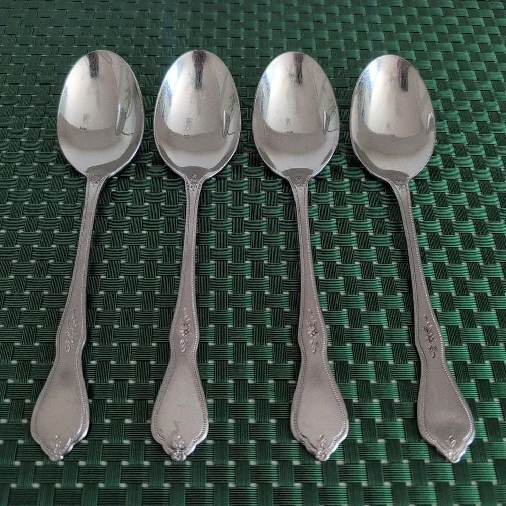 Oneida MORNING BLOSSOM Soup Spoons Set Lot of 4 Stainless Burnished Floral USA
